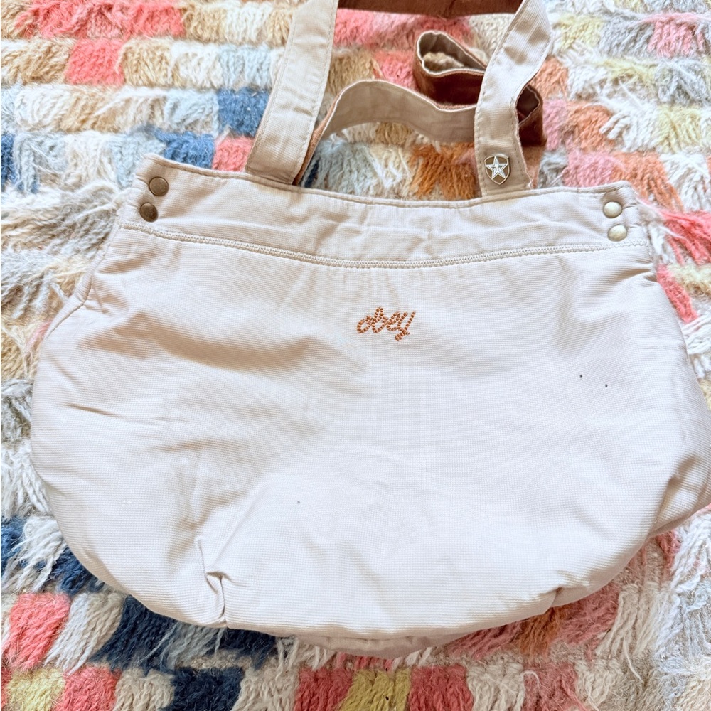 Obey Canvas Tote Bag with Embroidered Logo - Cream